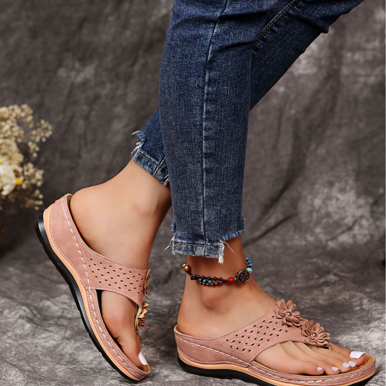 2022 Summer Floral Platform Flip-Flops Large Size Women's Rubber Sandals Open-Toe Flip-Flops