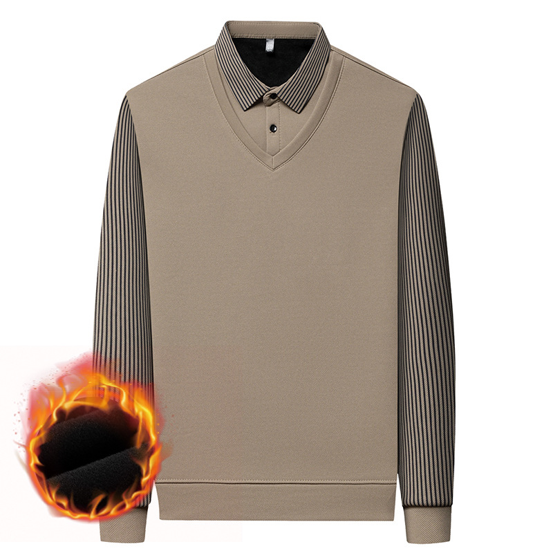 Middle-aged men's autumn and winter New fleece-lined thickened fake two-piece long-sleeved men's clothing middle-aged fashion casual warm polo
