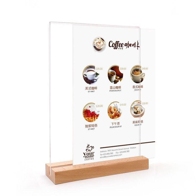 A4 Acrylic Table Card Display Card Beech Table Sign A5 Wooden Advertising Stand Desktop Menu Drink Price Table Sign