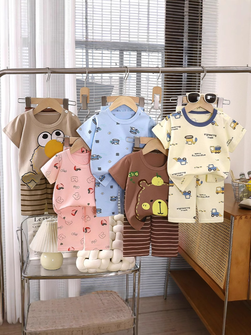 Children's Short-Sleeved Suits Boys and Girls Home Clothes Kidsren's Pajamas Kidsren's Clothing Pure Cotton Category a Wholesale