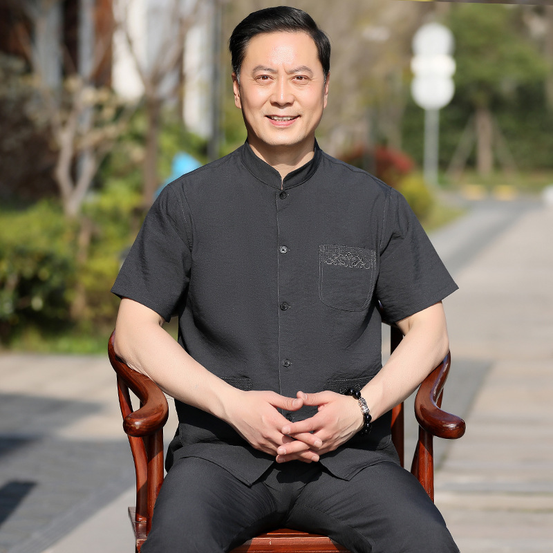 Костюм Тан для мужчин среднего и пожилого возраста, с коротким рукавом, ледяной шелк, летняя тонкая одежда для пожилых, китайский стиль ханфу для дедушки