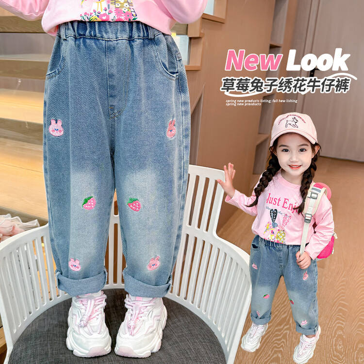 Джинсы для девочек 2024 Весна и Осень Новые Детские Свободные Корейский Стиль Верхняя Одежда Модные Штанишки для Малышей