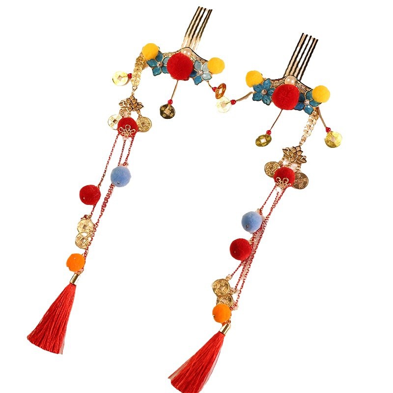 Vintage Cute God of Wealth Hair Accessories Yuanbao Hair Ball Headwear Hair Crown Phoenix Crown New Year Antique Copper Money Red New Year Jewelry