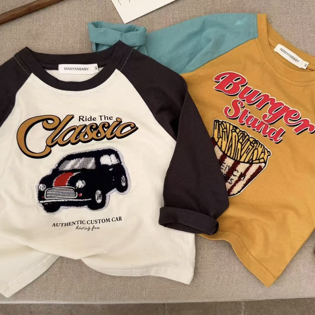 Children's T-shirt 2025 spring new boys and girls three-dimensional towel sleeve long sleeve shirt baby contrast base