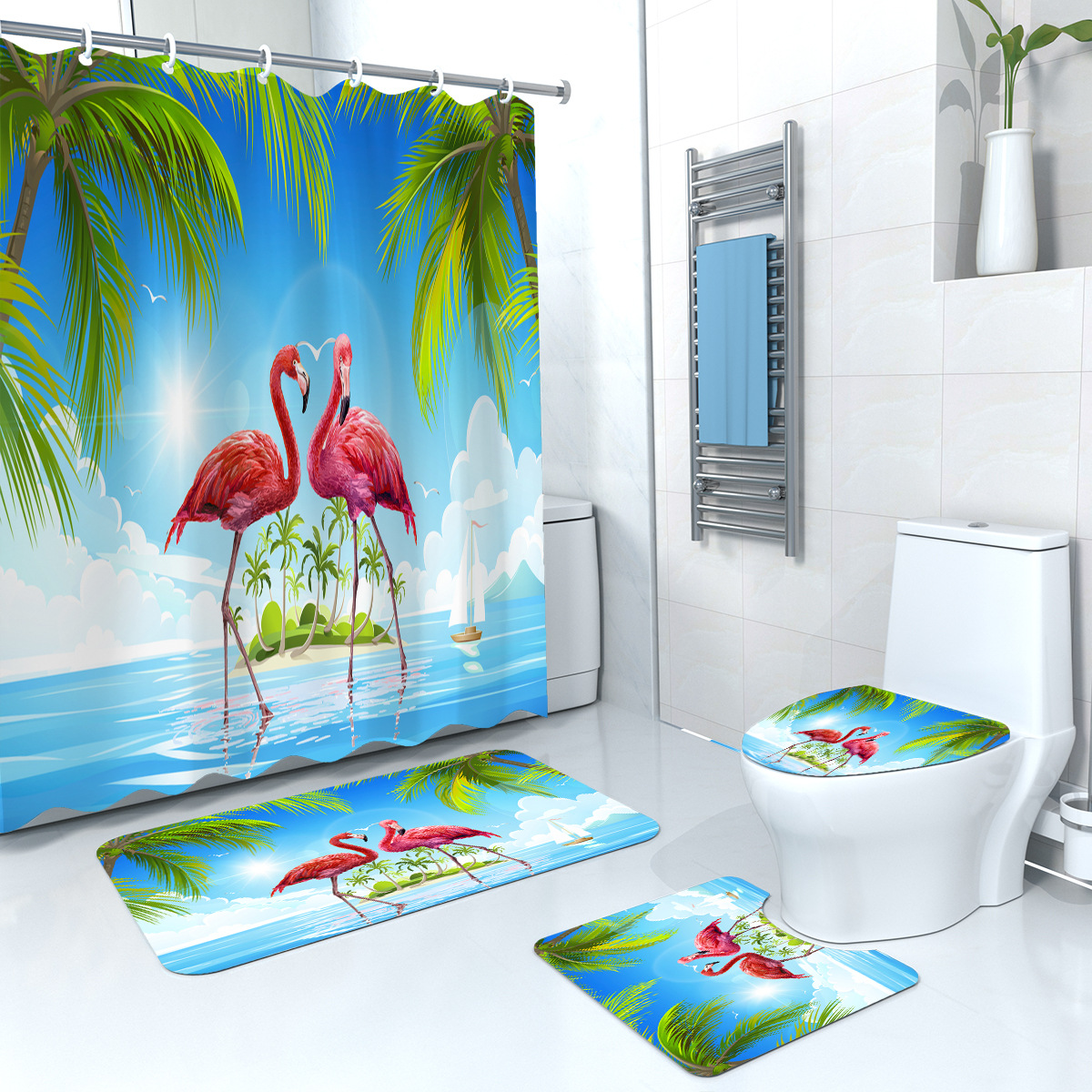 Factory custom digital printing shower curtain landscape bird polyester waterproof mildew proof bathroom partition curtain bathroom four-piece set