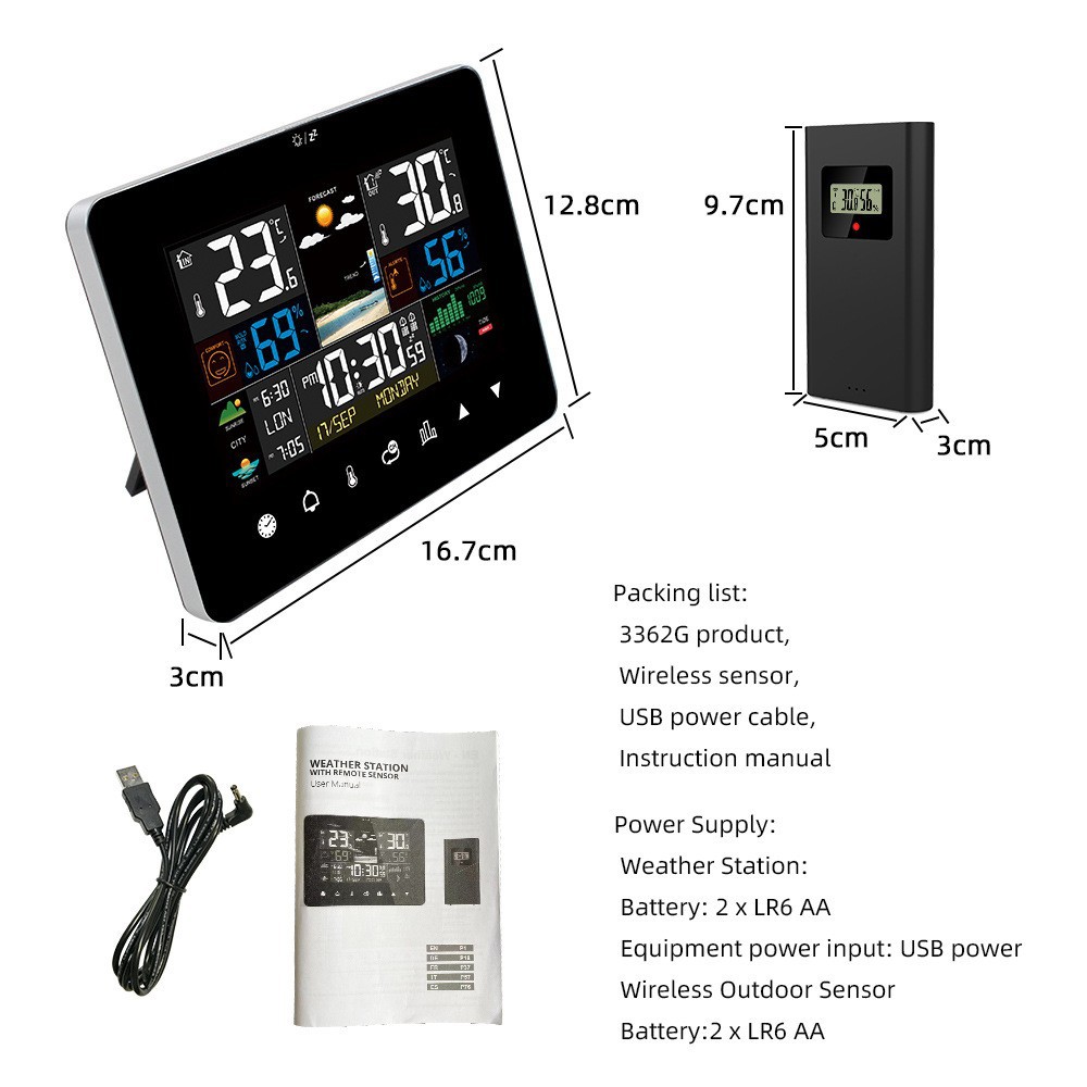 New Color Screen Touch Weather Clock 3362g Rf Sensing Temperature Hygrometer Weather Forecast Clock Large Screen Weather Station