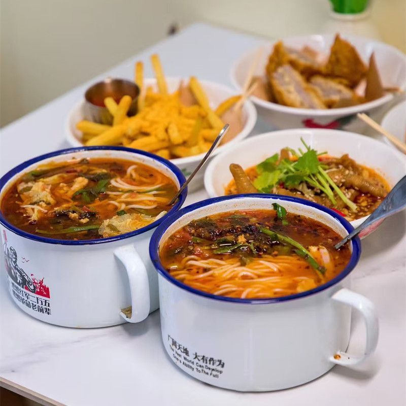 Old-Fashioned Enamel Rice Bowl, Available in Yellow and White Colors, Solid Color, Nostalgic Quote, Can Be Engraved with Logo, Suitable for Noodle Soup and Spicy Hot Pot