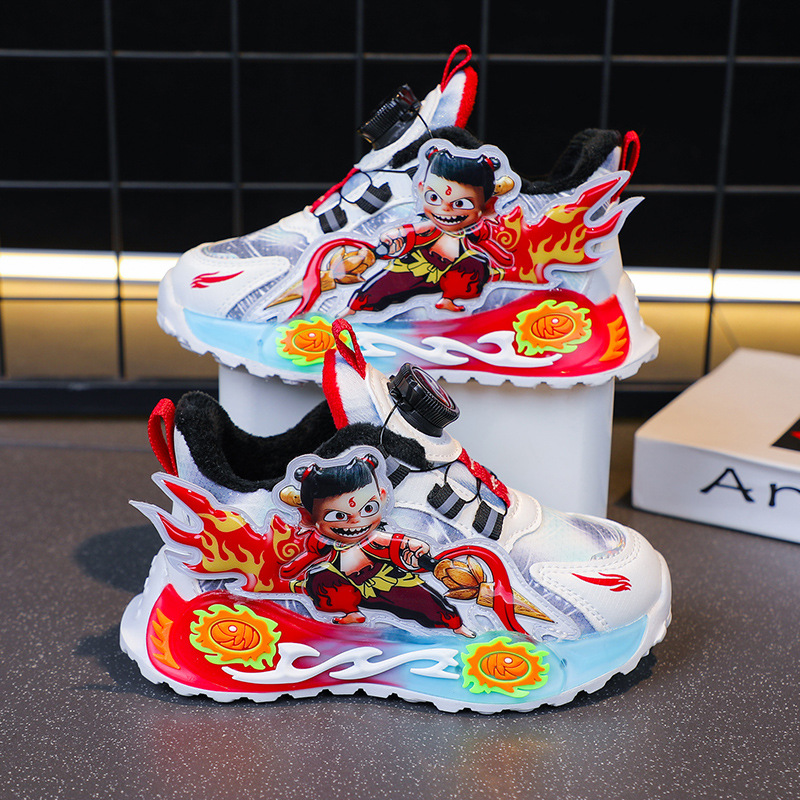 Wholesale Children's Sports Shoes 2025 Autumn and Winter New Leather Surface with Fleece Lining Warm Boys' Shoes Nezha Soft-Soled Running Shoes