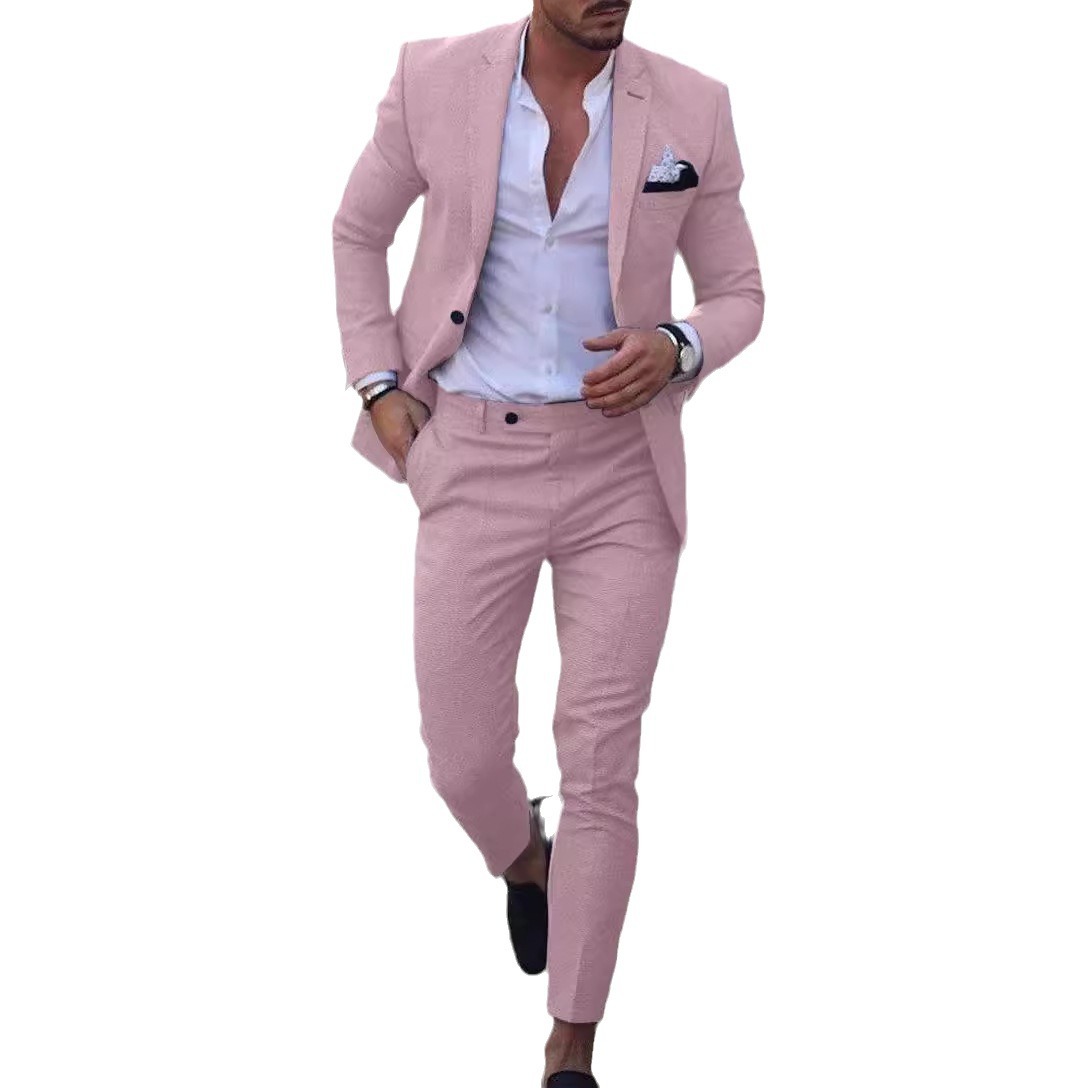 Foreign trade new men's suit two-piece one-button linen cotton and linen solid color cross-border suit men (full of goods)