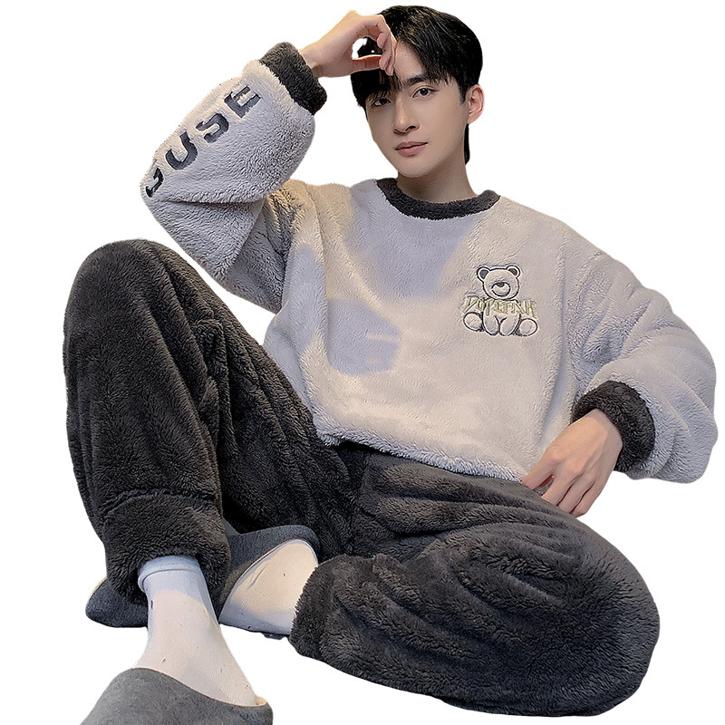 Winter Pajamas Boys Thickened Coral Fleece New Winter Home Clothes plus size Casual Youth Warm Two-piece Set