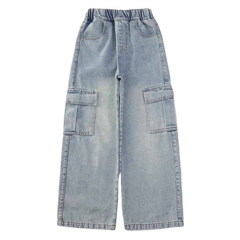 Girls' Cargo Jeans Spring and Autumn New Style, Medium and Large Children's Straight Loose Wide-Leg Pants, Children's American Style Spring and Autumn Pants