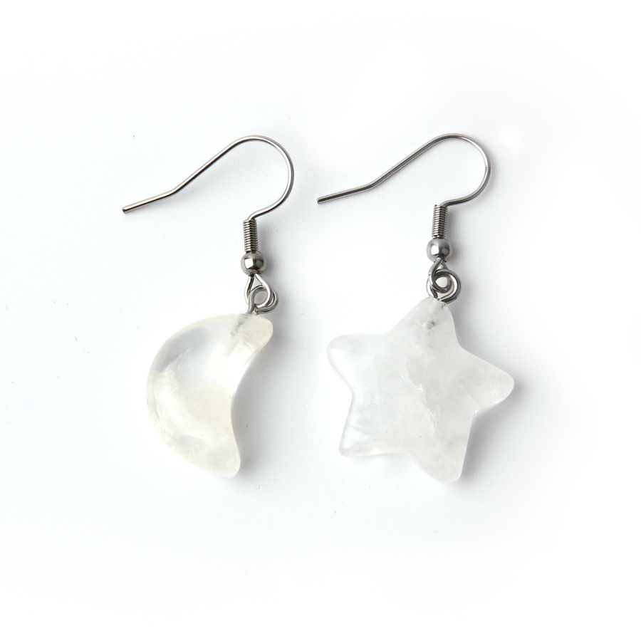 Natural Stone Crystal Star Moon Pink Earrings Star Moon Combination Stainless Steel Ear Hook Jewelry