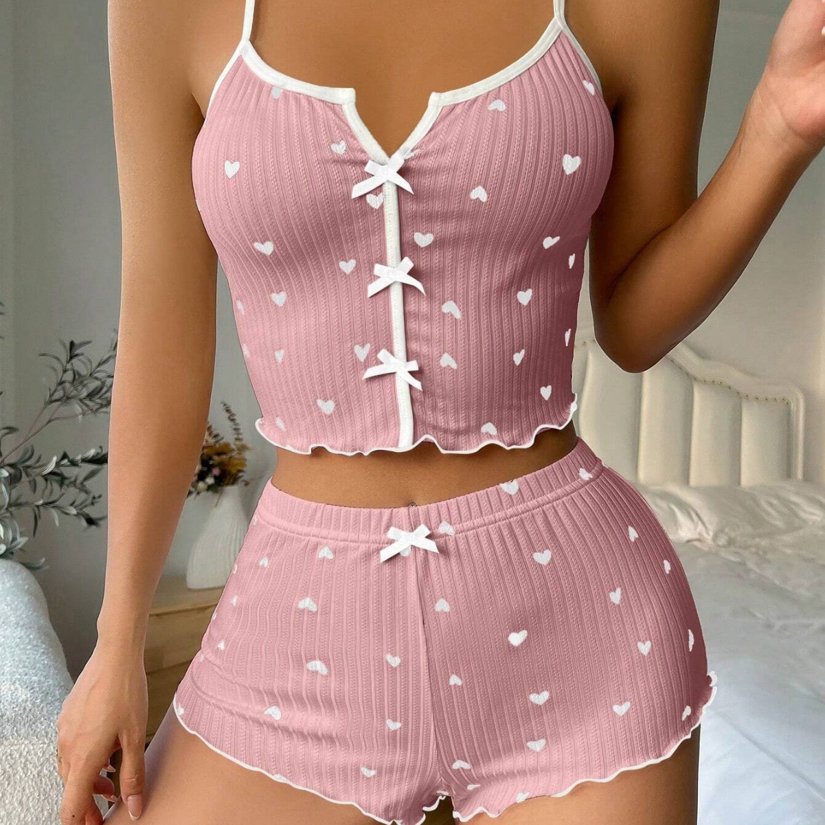 European and American Cross-Border Aliexpress New Products, Heart-Shaped Printed Contrasting Color Home Clothes, Front Placket Slit Suspender Pajamas Set