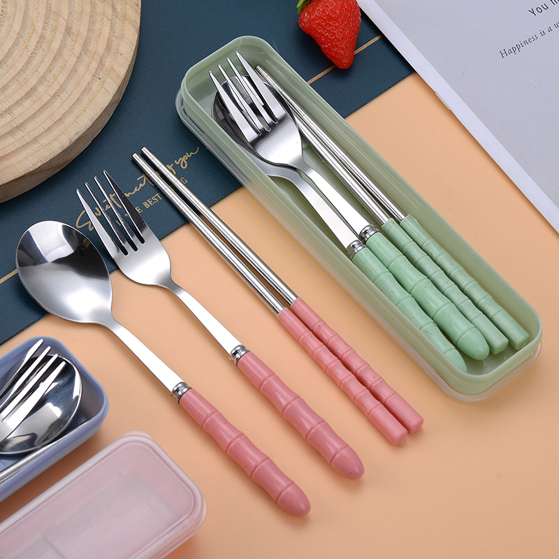 Cross-border stainless steel convenient tableware suit office workers outdoor travel bamboo handle spoon fork chopsticks tableware three-piece set