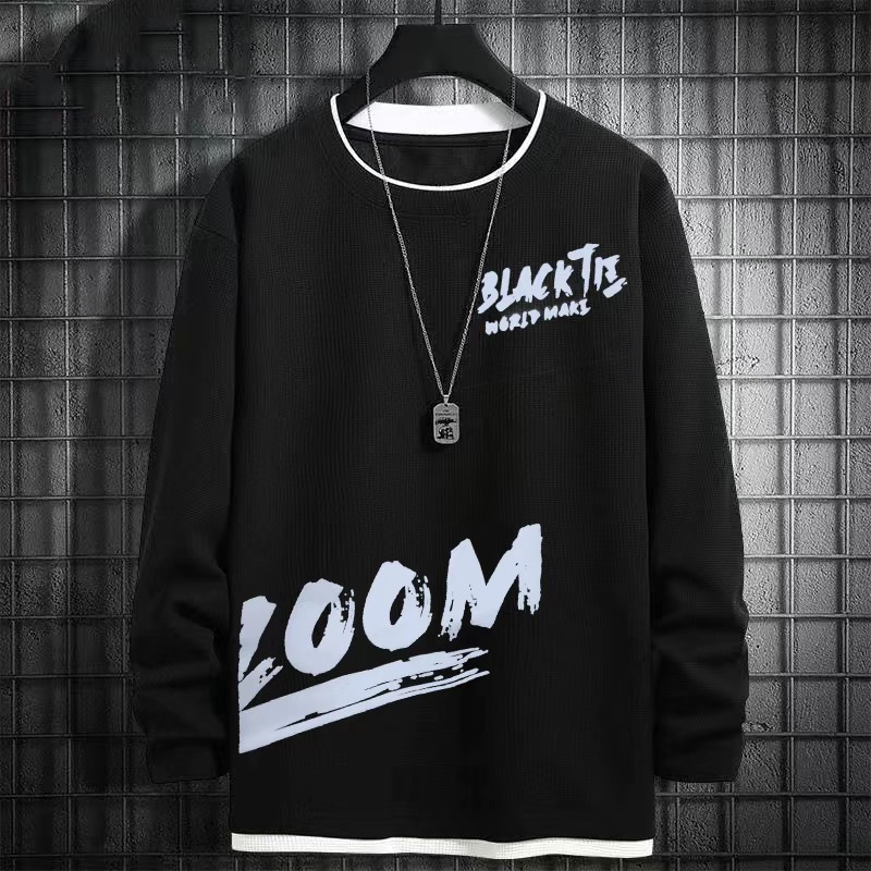 Футболка с длинным рукавом для мужчин, имитирующая два предмета, весенне-осенняя, большого размера, свободного кроя