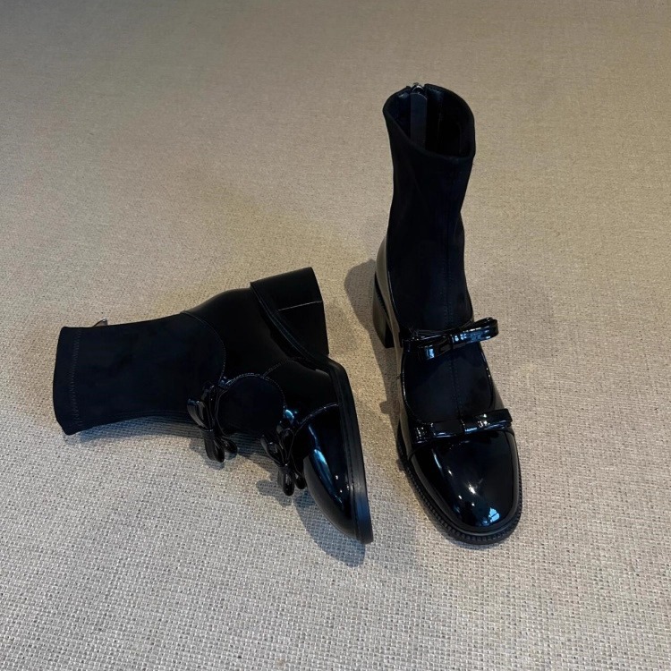 Sheepskin Version ~ Small Fragrant Bow Elastic Slim Boots 2025 Versatile Niche Fashion Back Zipper Thick Heel Short Boots