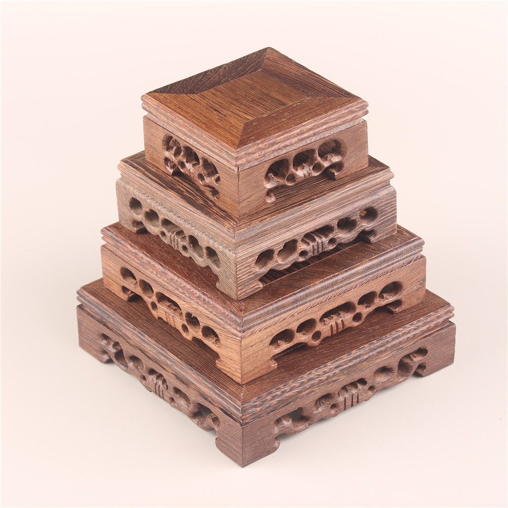 Solid Wood Flower Bonsai Ornaments Base Chicken Wing Wood Square Purple Sand Pot Teapot Porcelain Hollow Carved Wooden Bracket