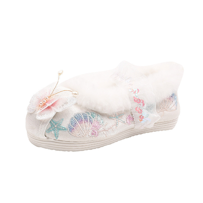 Girls' Traditional Chinese Style Shoes for Winter, Children's Hanfu Shoes with Upturned Toe and Plush Lining, Hanfu Cotton Shoes for Girls, Chinese Style New Year Shoes