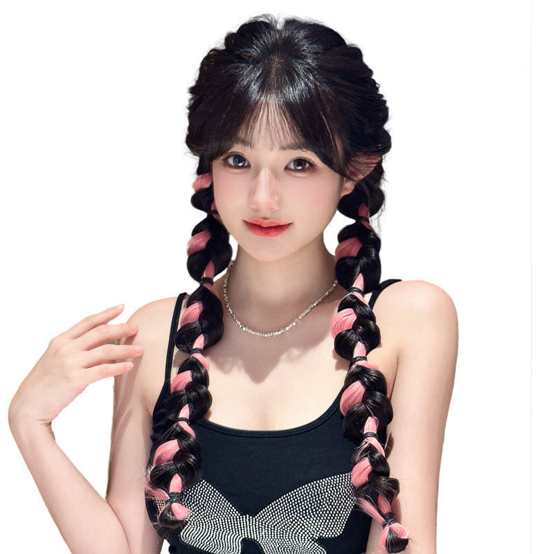 Wig for Women with Bubble Braids, Sweet and Cool Girl, Natural Highlights, Long Braids, Internet Celebrity Lantern Boxing Braids, High Ponytail Punk