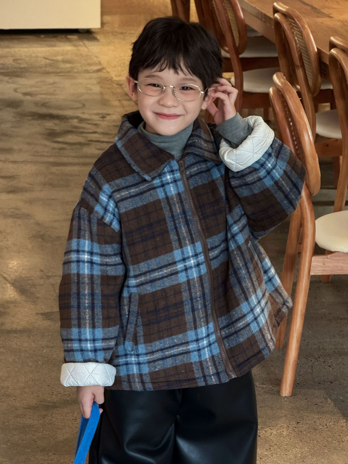 Lanyu 25 Autumn and Winter New Korean Children's Clothing for Small and Medium-Sized Boys Thickeneded Quilted Plaid Brown Woolen Short Jacket