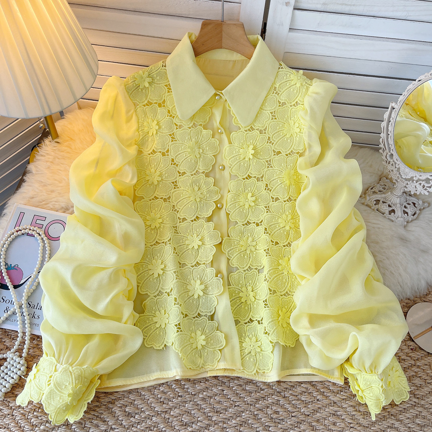 Internet Celebrity Same Style 2024 Autumn Niche Entry Luxury Heavy Industry Hollow Flower Embroidery Pleated Lantern Sleeve Slim Shirt for Women