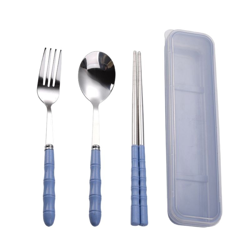 Cross-border stainless steel convenient tableware suit office workers outdoor travel bamboo handle spoon fork chopsticks tableware three-piece set