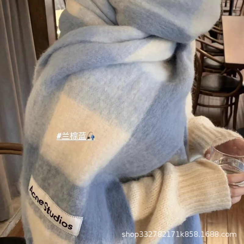 Новый осенне-зимний утолщенный теплый шарф в радужную клетку, европейский и американский стиль, петельная пряжа, толстые кисточки, цветной шаль