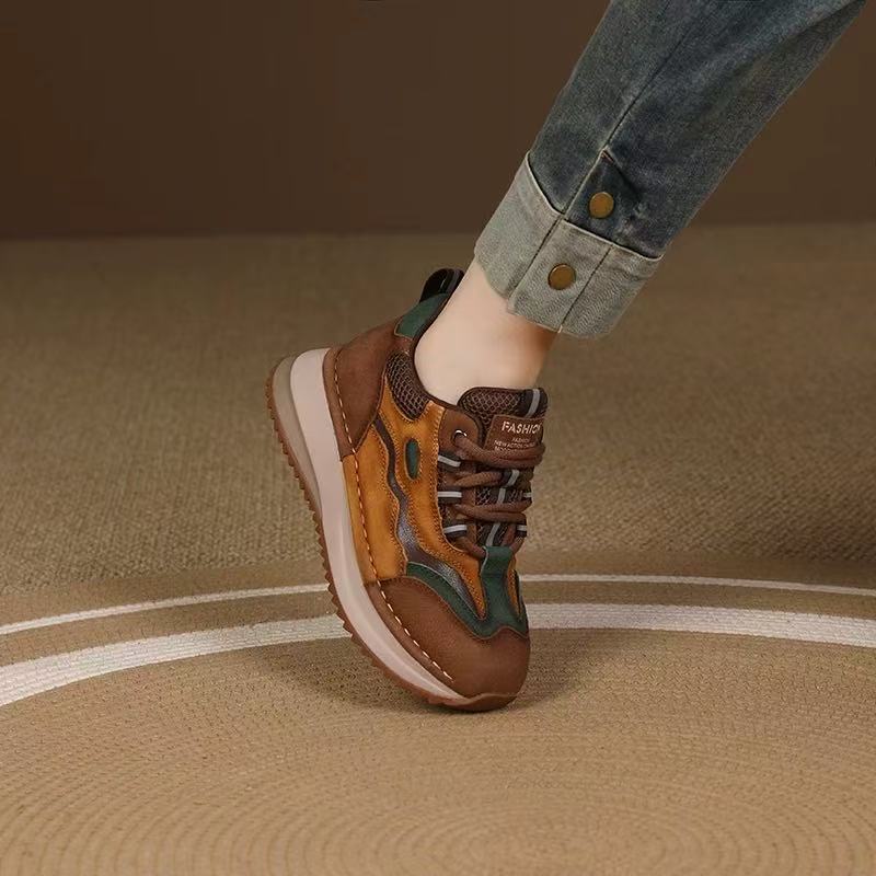 2025 Autumn New Thick-Soled Genuine Leather Retro Versatile Casual Shoes Color-Block Soft-Soled Women's Sneakers