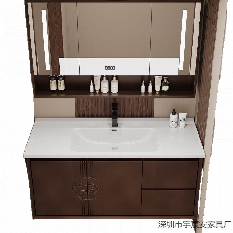 Chinese Oak Ceramic Modern Smart Washroom Cabinet Combination Ceramic Integrated Solid Wood Washbasin Bathroom