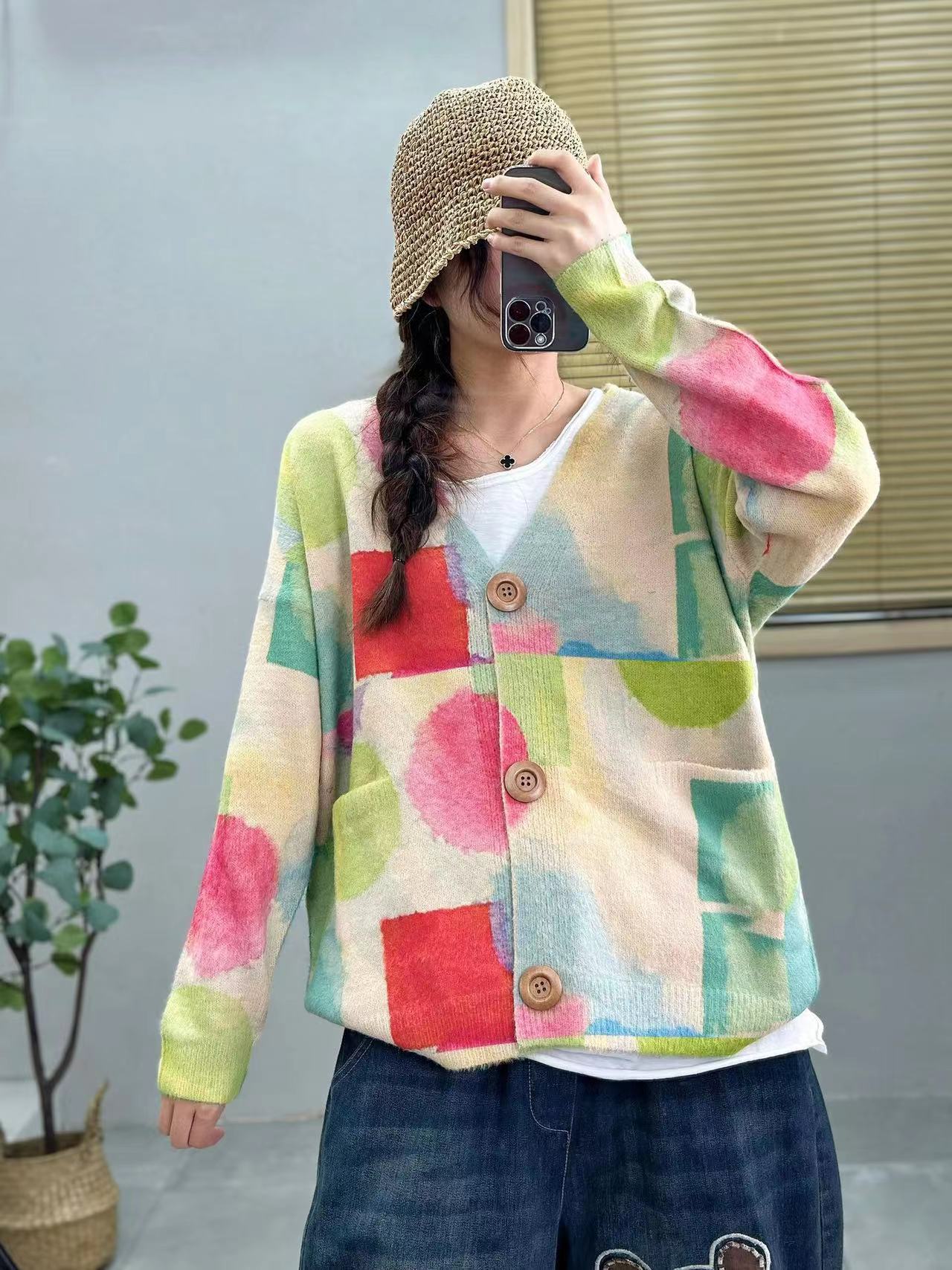 Printed Colorful Mink Velvet 2025 Autumn and Winter New Classy Loose Knitted Cardigan V-Neck Sweater for Women Factory Direct Sales