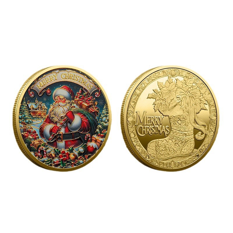 Foreign Trade Christmas Commemorative Medal European and American Santa Claus Sleigh Auspicious Deer Colorful Commemorative Gold Coin Decision-Making Game Coin