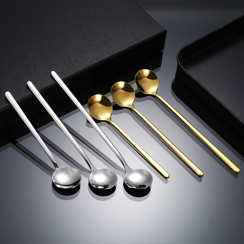 Stainless Steel Spoon Golden Small Round Spoon Household Teaspoon Dessert Spoon Long Handle Mixing Spoon Wedding Souvenir Wholesale