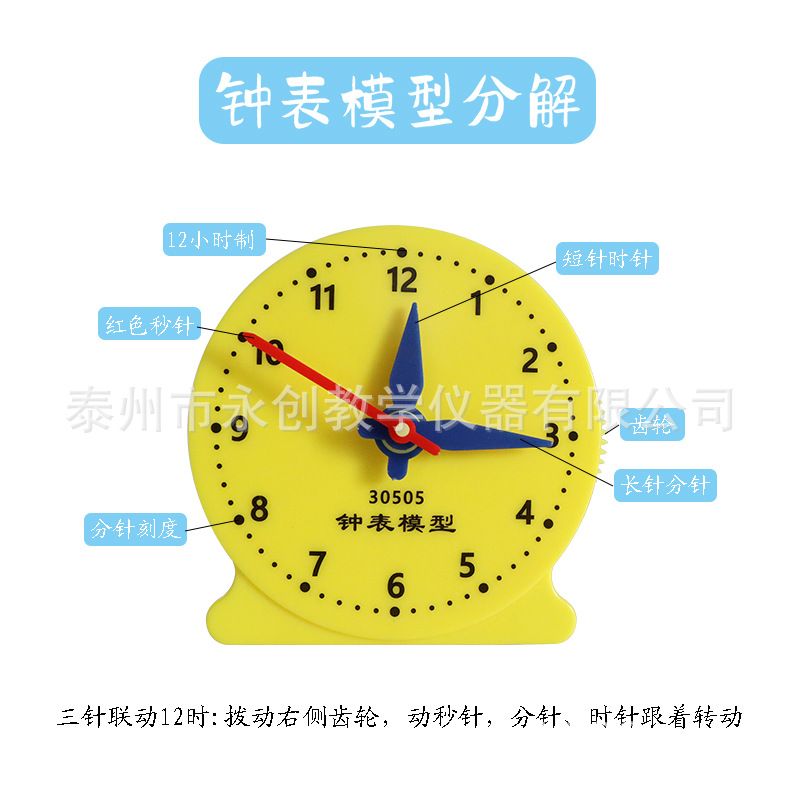 Clock Model 8cm three-pin linkage 12-hour learning teaching aids clock face understanding and time clock teaching instrument