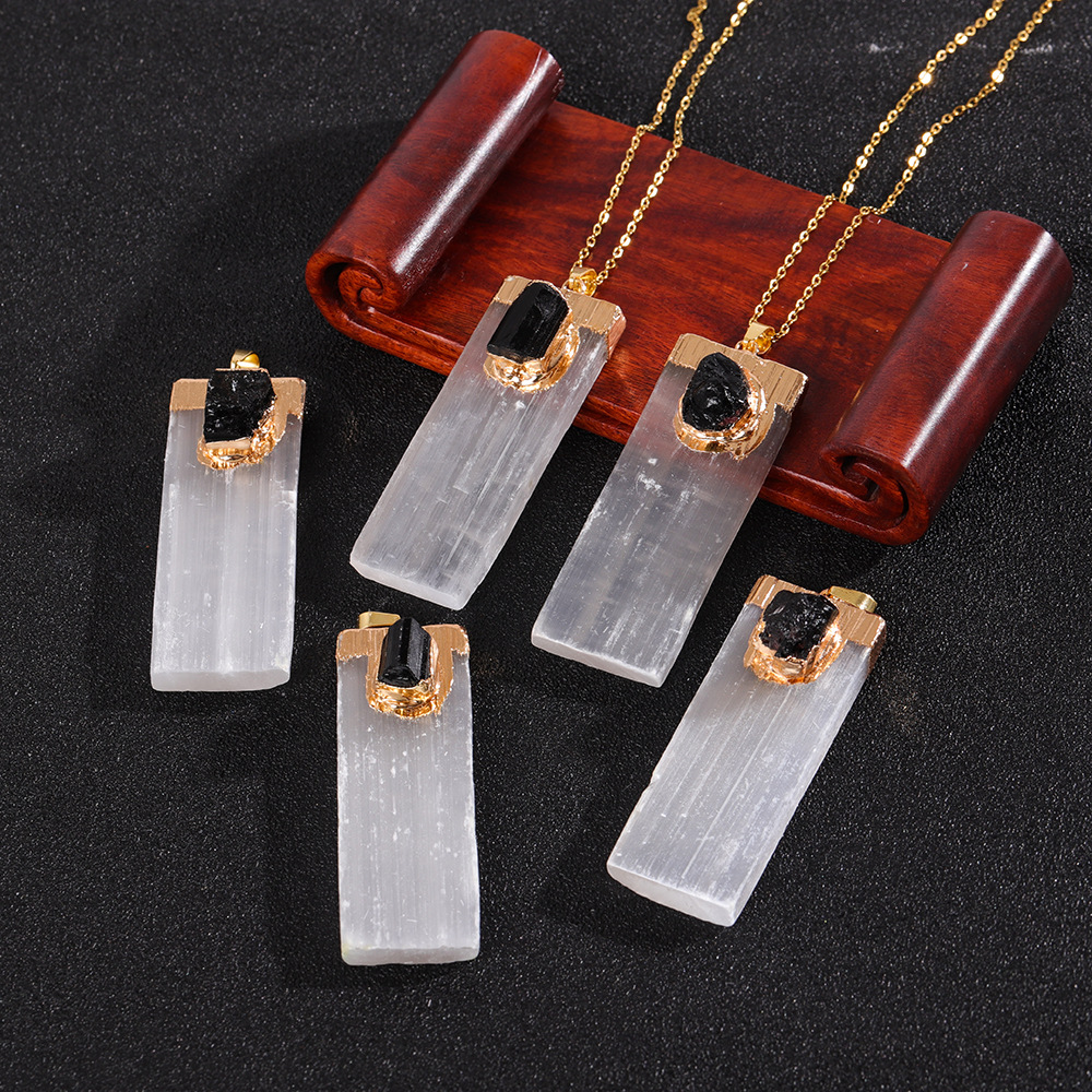 Cross-border natural white gypsum inlaid Black Tourmaline pendant electroplated square raw stone necklace European and American diy jewelry ornaments