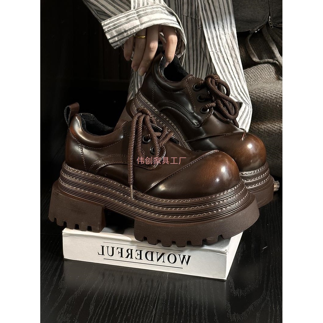 European Genuine Leather Thick-Soled Small Leather Shoes for Women, British Style Round-Toe Lace-Up Derby Shoes, Small Height-Increasing Loafers, Flats