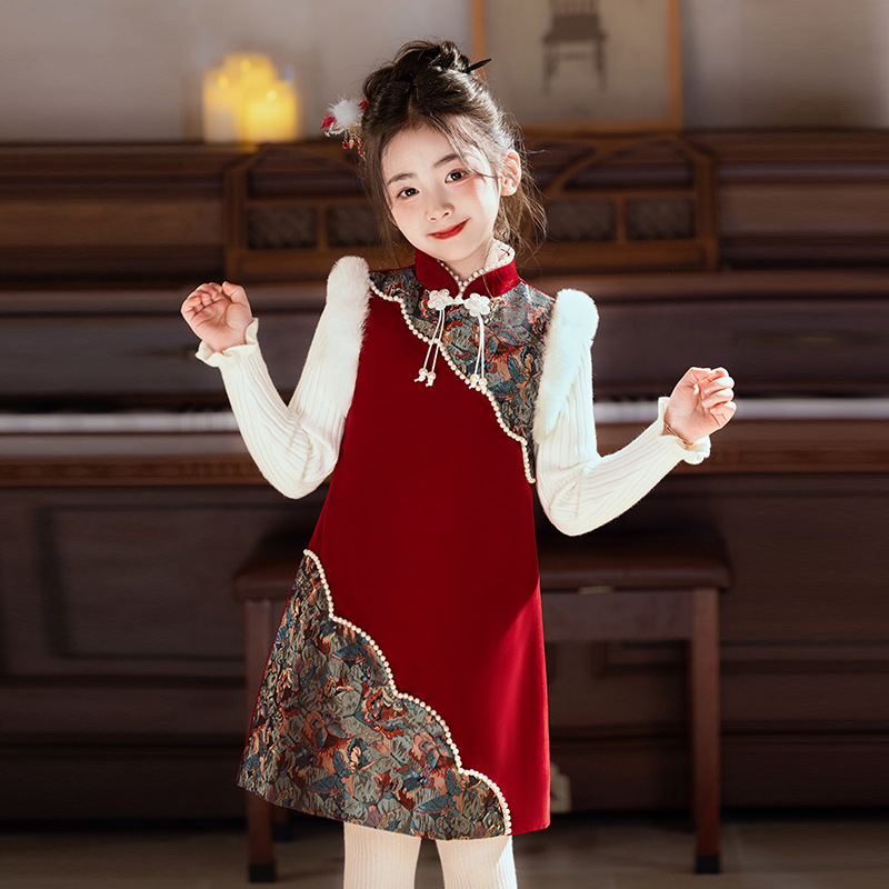 Девочки Платье с Флисовой Подкладкой Зимний Теплый Костюм Детская Одежда Чонгсам Детский Ханьфу Новое Китайское Платье Принцессы