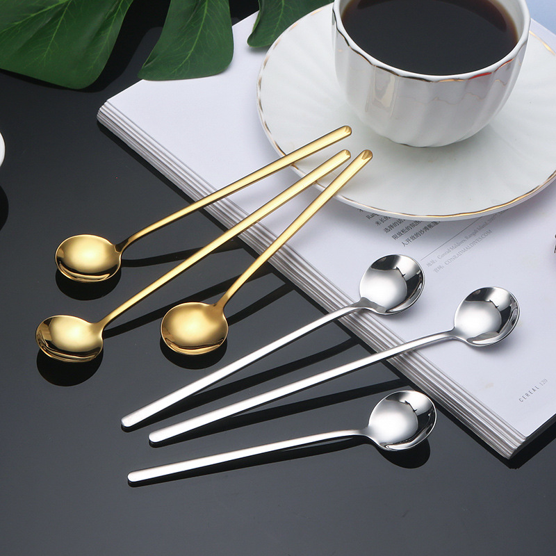 Stainless Steel New Small Round Spoon Long Handle Spoon Coffee Spoon Ice Spoon High Color Value Household Hand Gift Wholesale Spoon Gold