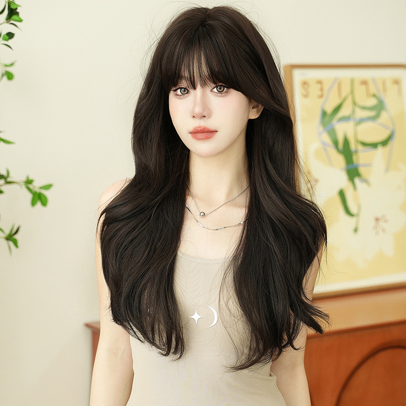 Autumn and Winter new wig women's long curly hair fashion natural full top head cover Chemical Fiber simulation straight bangs pullover long hair