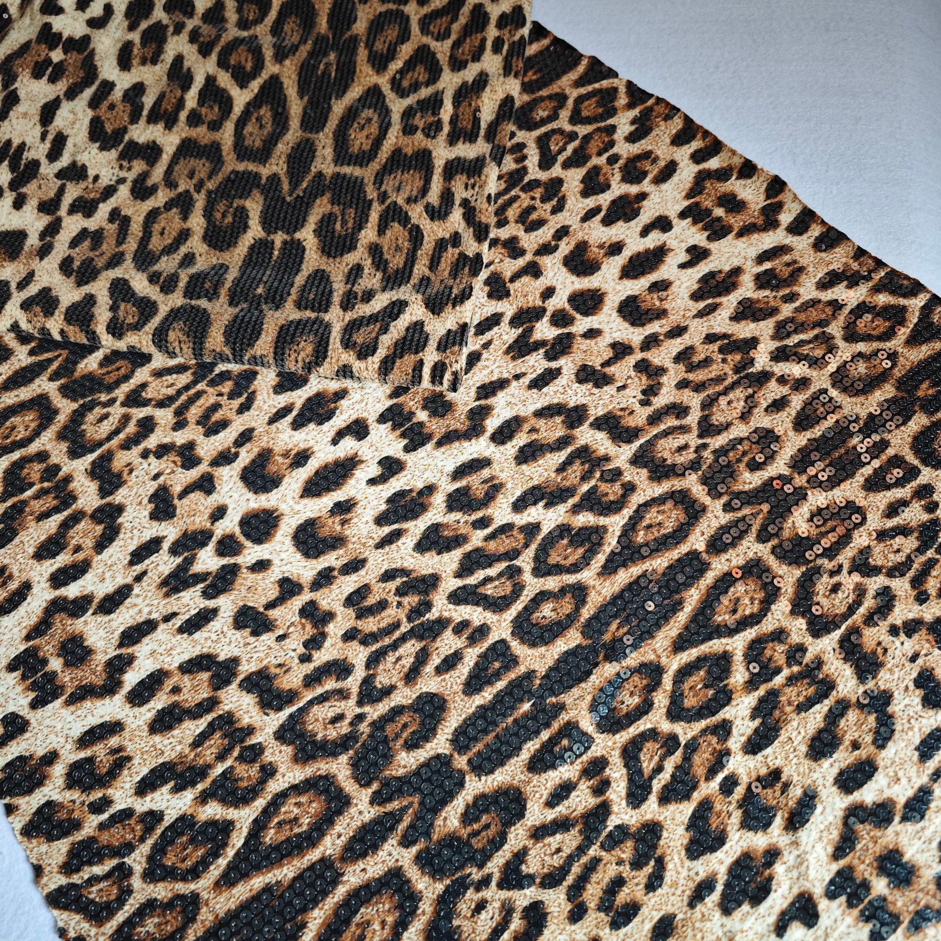 Ice Silk Leopard Print Sequin Embroidery Fabric Printed Leopard Print Knit Base Fashion Dress Wedding Dress Fabric