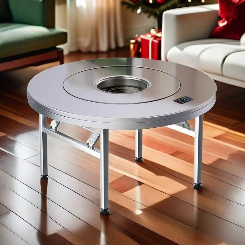 New Extra-Thick Stainless Steel Hot Pot Table Induction Cooker Foldable Round Dining Table for Home, Commercial Use, Restaurant, Canteen Large Round Table