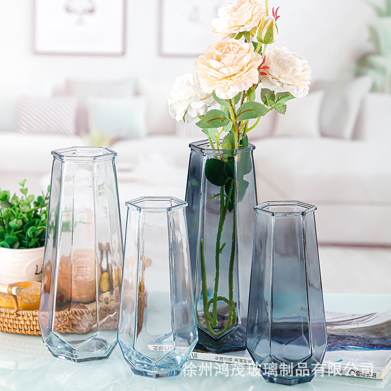 Simple Six-sided Glass Vase Creative Transparent Glass Vase Living Room Dining Table Ornaments Hydroponic Green Plant Decoration Ornaments