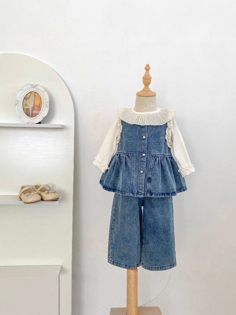 Children's Suit New Autum Korean Style Girls' Fashionable Long-Sleeved Denim Vest Skirt Casual Pants Two-Piece Set