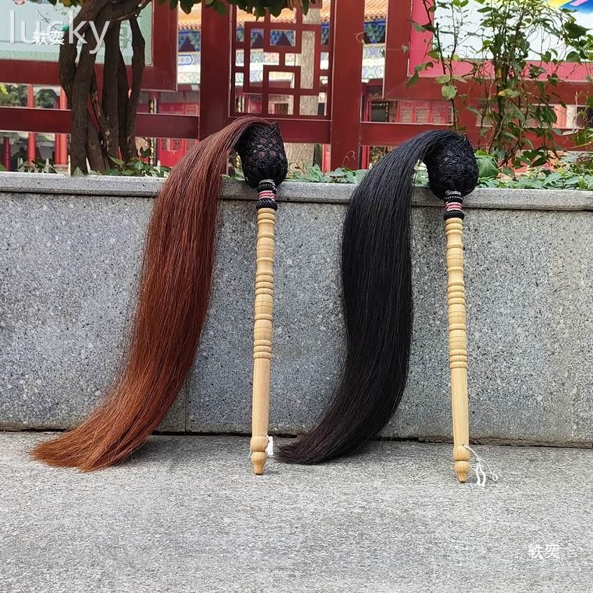 Handmade Wudang Tai Chi Practice Dusting Tool, Martial Arts Duster, Buddhist Dusting Instrument, Taoist Peach Wood Handle Fitness Real Horse Tail