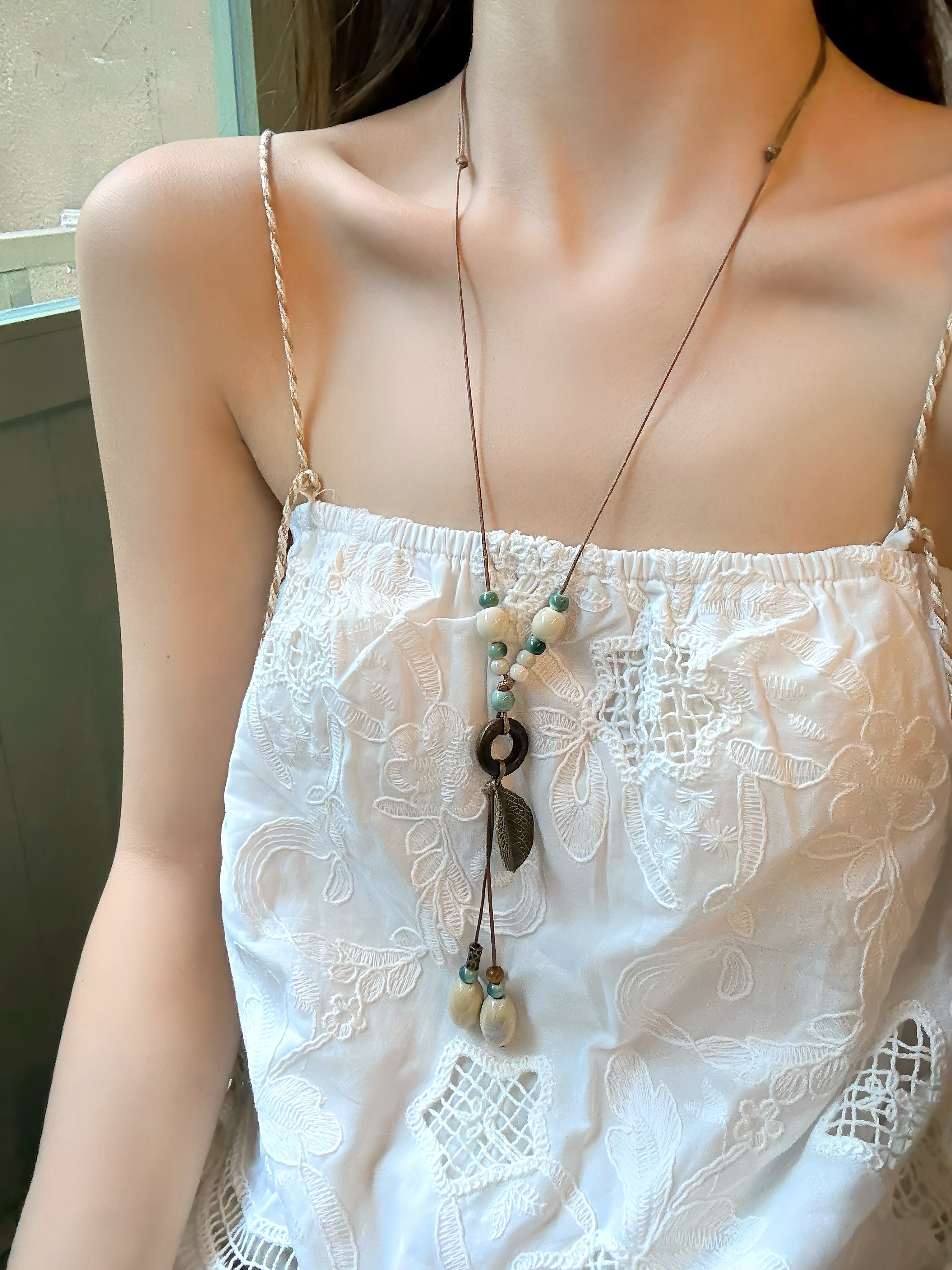 [Peach Tea] Wutong Amber Long Natural Stone Ceramic Pendant Necklace Chinese Ethnic Style Halter Accessory