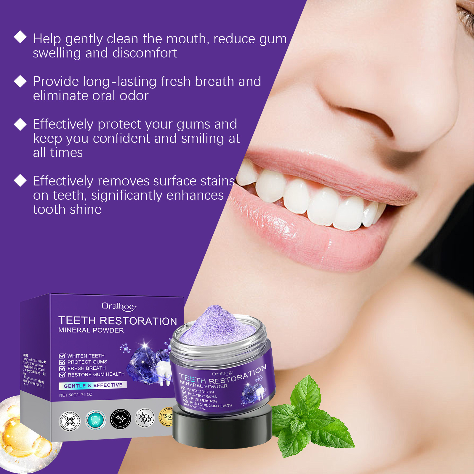 Oralhoe Purple Teeth Beauty Powder Gentle Cleansing Protects Teeth Fresh Removes Teeth Stains and Yellow Teeth