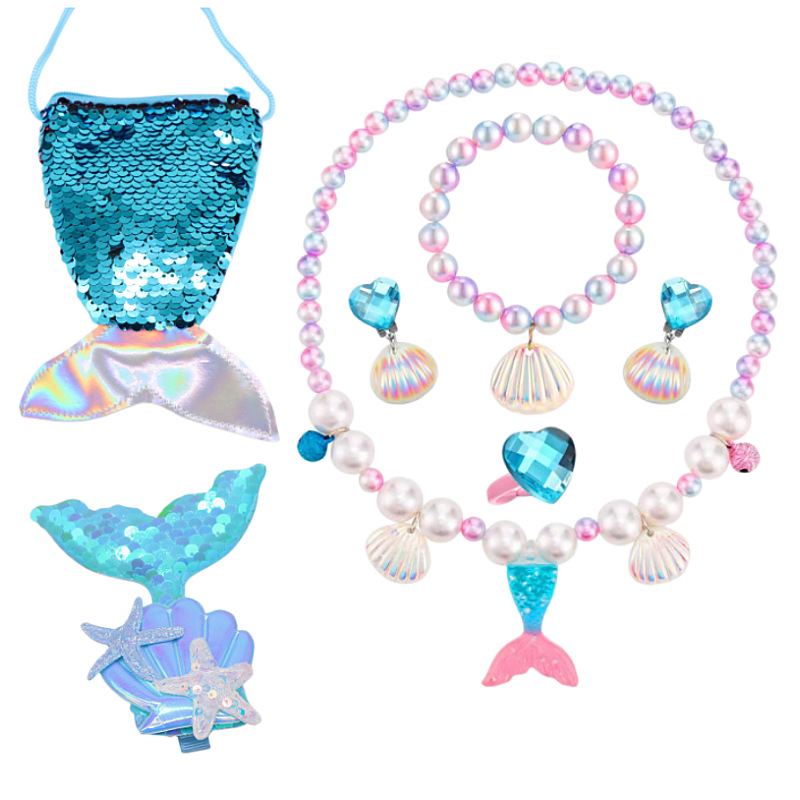 Cross-border children's necklace mermaid dazzling fishtail shell bracelet necklace earrings suit girl princess accessories