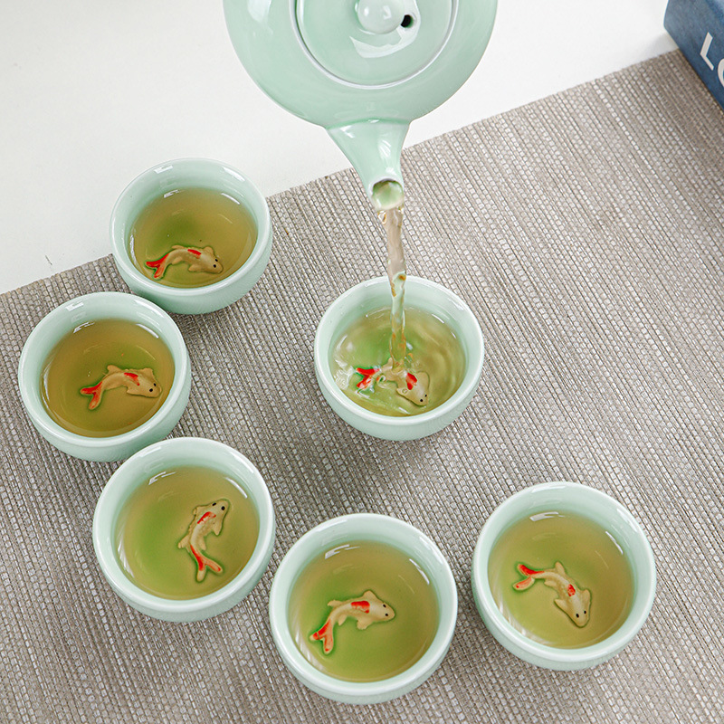 Celadon Xiaoyu One Pot and Six Cups Tea Set Set for Home Simple Portable Gift Event Souvenir Can Be Printed with Logo
