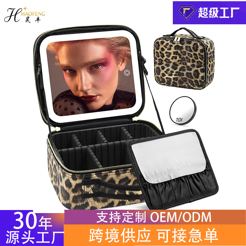 Производитель косметического кейса из PU кожи с леопардовым принтом, косметический кейс с зеркалом и светом, большой объем, косметический кейс премиум класса, чемодан
