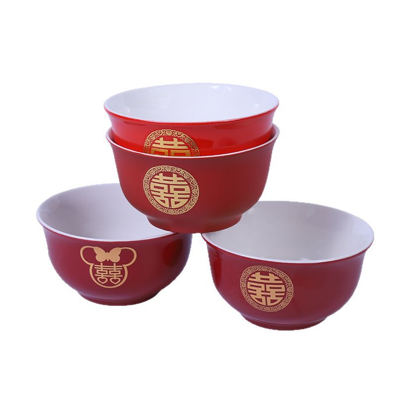 Factory Supply Wedding Celebration Red Bowl Ceramic Dragon and Phoenix Double Happiness Red Bowl Chinese Red Ceramic Bowl Gift Bowl Happy Bowl