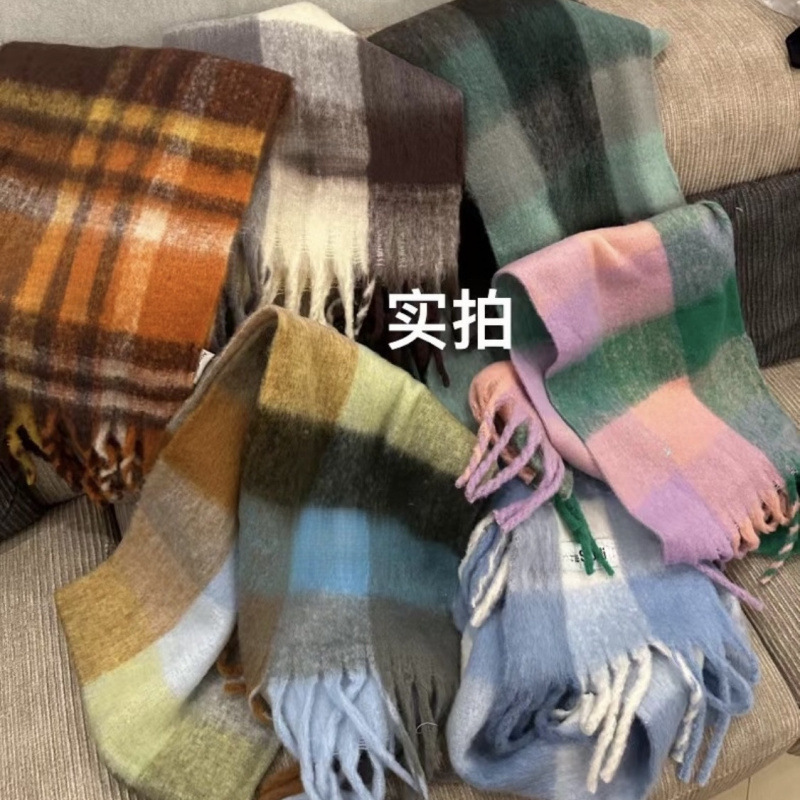 Autumn and Winter New Thickened Warm Rainbow-Colored Plaid Scarf European and American Loop Yarn Thick Tassel Color-Blocking Shawl